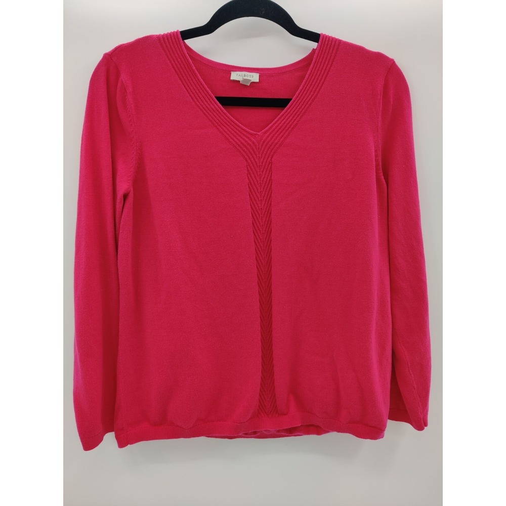 Talbots Womens Pink 100% Cotton V-Neck Ribbed Pullover Sweater Size Large